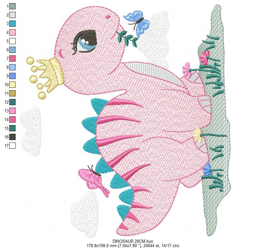 Dinosaur embroidery designs - Dino with crown machine embroidery pattern - Baby girl file Pink Stegosaurus - Instant download pes jef dst