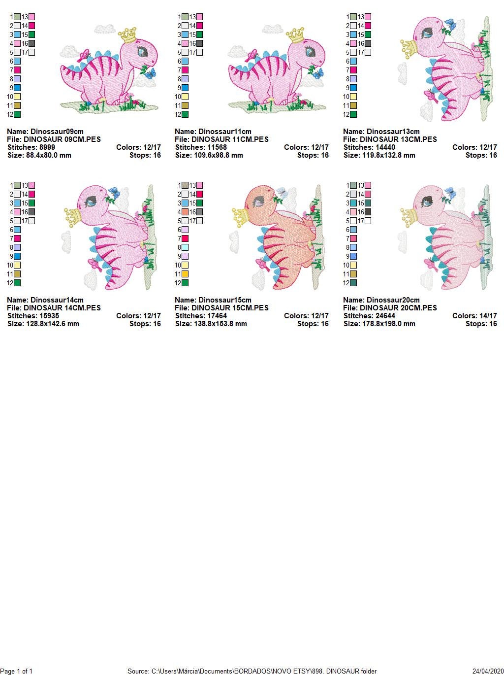 Dinosaur embroidery designs - Dino with crown machine embroidery pattern - Baby girl file Pink Stegosaurus - Instant download pes jef dst