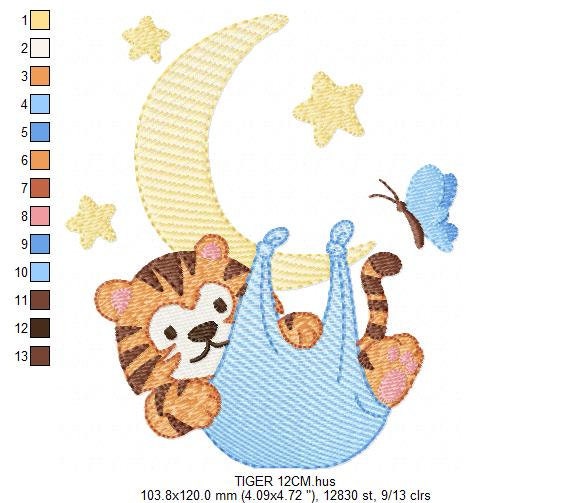 Tiger embroidery design - Tiger in moon with stars machine embroidery pattern - Night Sky Baby boy file - Instant digital download pes jef