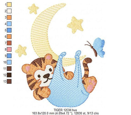 Tiger embroidery design - Tiger in moon with stars machine embroidery pattern - Night Sky Baby boy file - Instant digital download pes jef