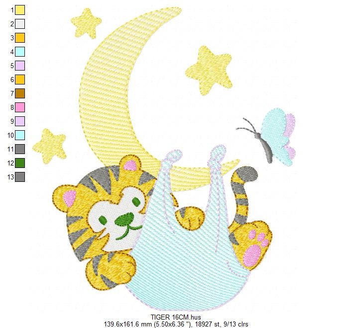 Tiger embroidery design - Tiger in moon with stars machine embroidery pattern - Night Sky Baby boy file - Instant digital download pes jef