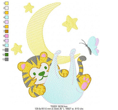 Tiger embroidery design - Tiger in moon with stars machine embroidery pattern - Night Sky Baby boy file - Instant digital download pes jef