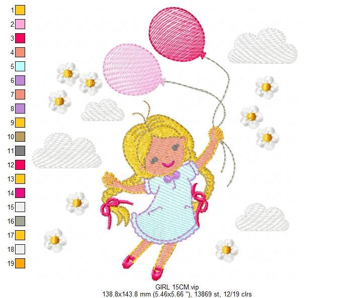 Baby girl embroidery designs - Toddler embroidery design machine embroidery pattern - girl with balloons embroidery file - kid embroidery