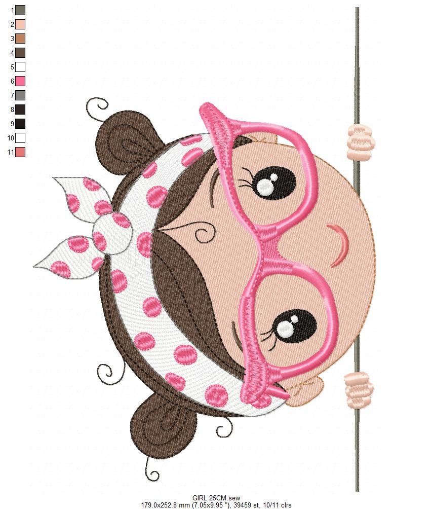 Peek a boo Girl with glasses embroidery designs - Baby girl machine embroidery pattern file - Young Lady Towel file - Instant download pes