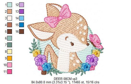 Deer embroidery design - Woodland Animal with flowers machine embroidery pattern - Baby Girl Butterfly file - Instant digital download pes