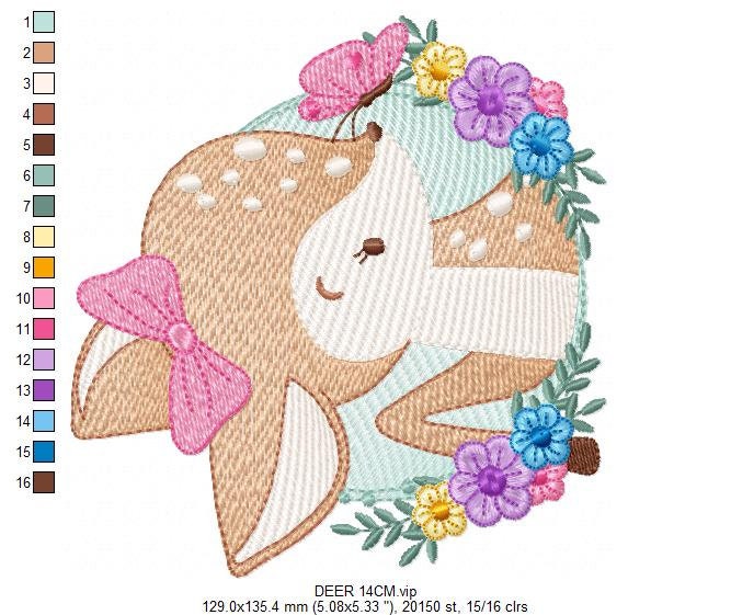 Deer embroidery design - Woodland Animal with flowers machine embroidery pattern - Baby Girl Butterfly file - Instant digital download pes