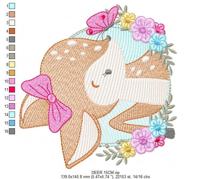 Deer embroidery design - Woodland Animal with flowers machine embroidery pattern - Baby Girl Butterfly file - Instant digital download pes