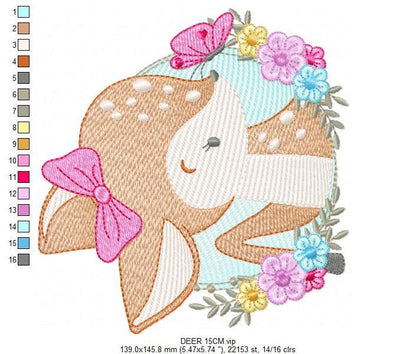 Deer embroidery design - Woodland Animal with flowers machine embroidery pattern - Baby Girl Butterfly file - Instant digital download pes