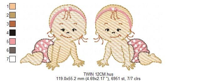 Baby girl embroidery design - Twin sisters with diapers machine embroidery pattern - Toddler file - Instant digital download pes jef dst hus