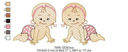 Baby girl embroidery design - Twin sisters with diapers machine embroidery pattern - Toddler file - Instant digital download pes jef dst hus