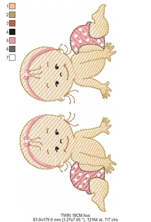 Baby girl embroidery design - Twin sisters with diapers machine embroidery pattern - Toddler file - Instant digital download pes jef dst hus