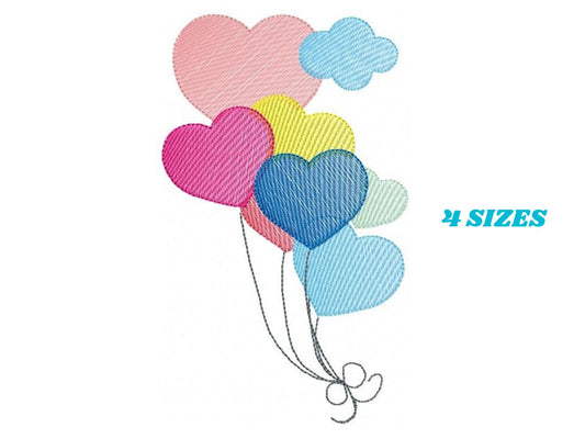 Birthday Party Balloon embroidery design - Balloons machine embroidery pattern - Heart balloon with clouds - Instant digital download pes