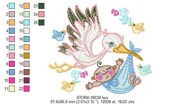 Stork embroidery design - Stork with baby embroidery design machine embroidery pattern - newborn embroidery file - Baby shower gift design