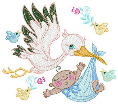 Stork embroidery design - Stork with baby embroidery design machine embroidery pattern - newborn embroidery file - Baby shower gift design