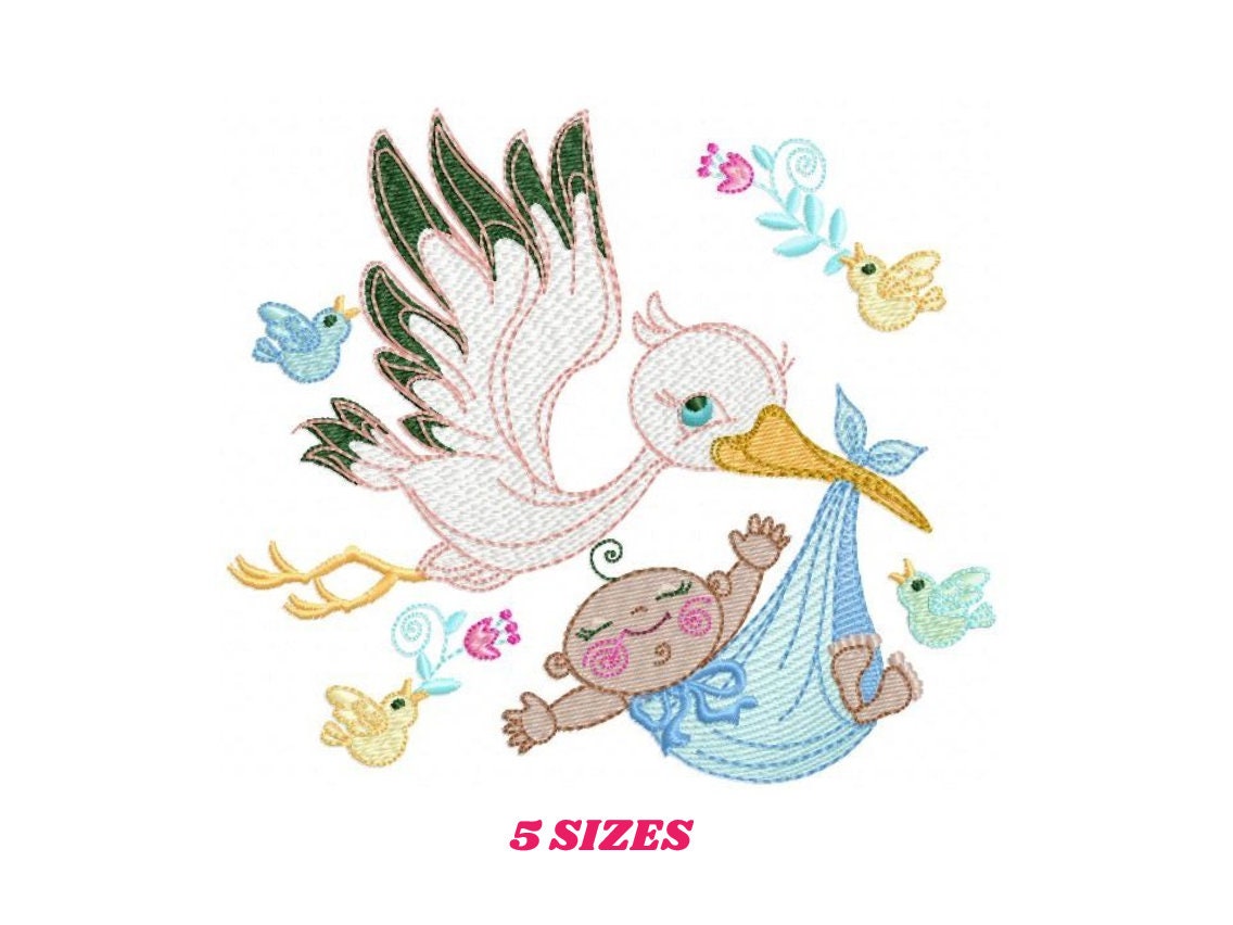 Stork embroidery design - Stork with baby embroidery design machine embroidery pattern - newborn embroidery file - Baby shower gift design