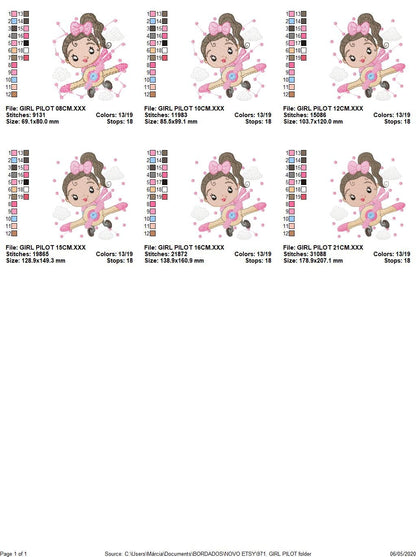 Girl Pilot embroidery designs - Plane embroidery design machine embroidery pattern - Baby girl embroidery file - instant download sky clouds