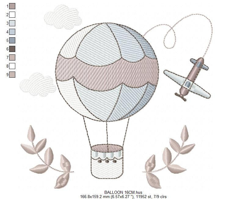 Balloon embroidery designs - Hot air balloon embroidery design machine embroidery pattern - Sky clouds embroidery file - instant download