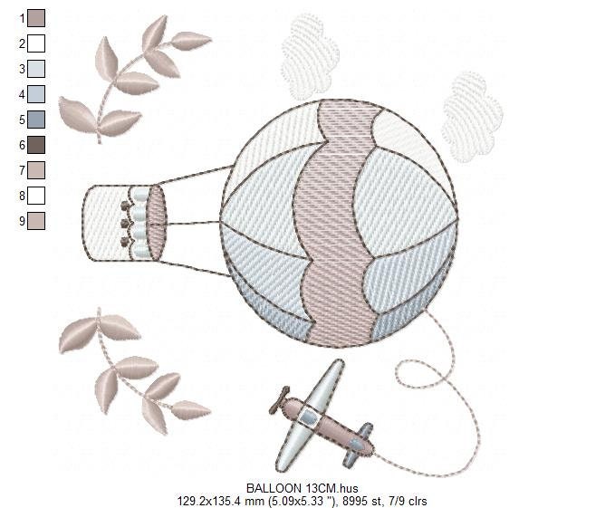 Balloon embroidery designs - Hot air balloon embroidery design machine embroidery pattern - Sky clouds embroidery file - instant download