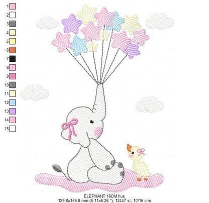 Elephant embroidery designs - Animal embroidery design machine embroidery pattern - Baby girl embroidery file - elephant with balloons sky
