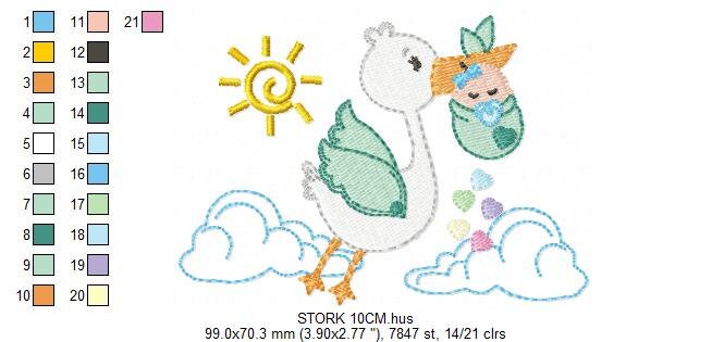 Stork embroidery design - Stork with newborn baby machine embroidery pattern - Baby shower gift gender reveal party - Instant download pes