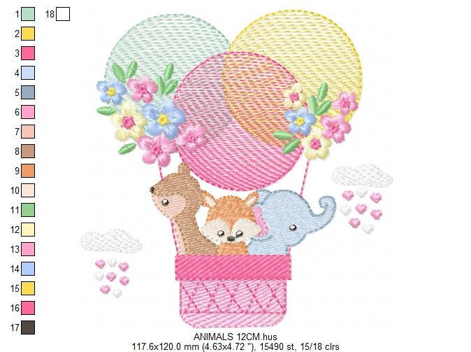 Animals in hot air balloon embroidery designs - Animals with flowers machine embroidery pattern - Elephant Deer Fox - Instant download pes