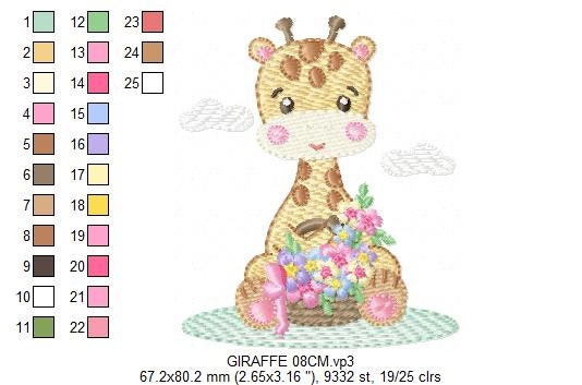 Giraffe embroidery design - Giraffe with scarf and flowers machine embroidery pattern - Baby girl animal file - Instant digital download pes