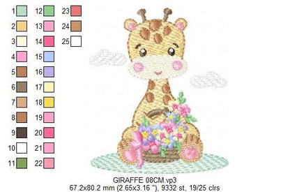Giraffe embroidery design - Giraffe with scarf and flowers machine embroidery pattern - Baby girl animal file - Instant digital download pes