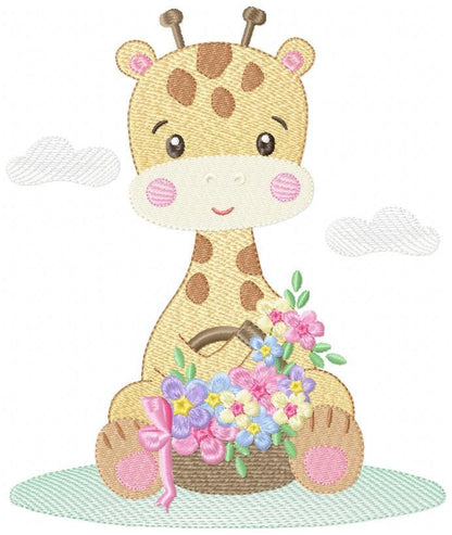 Giraffe embroidery design - Giraffe with scarf and flowers machine embroidery pattern - Baby girl animal file - Instant digital download pes