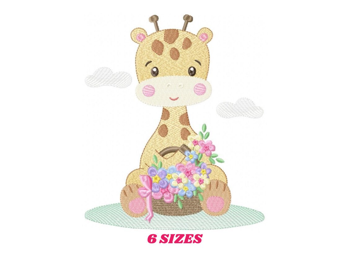 Giraffe embroidery design - Giraffe with scarf and flowers machine embroidery pattern - Baby girl animal file - Instant digital download pes