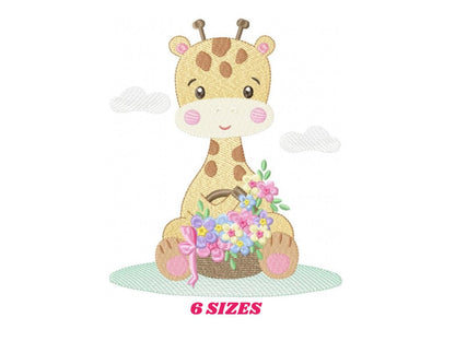 Giraffe embroidery design - Giraffe with scarf and flowers machine embroidery pattern - Baby girl animal file - Instant digital download pes