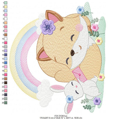 Red Fox embroidery designs - Woodland animals with rainbow machine embroidery pattern - Baby girl file - Instant digital download pes jef