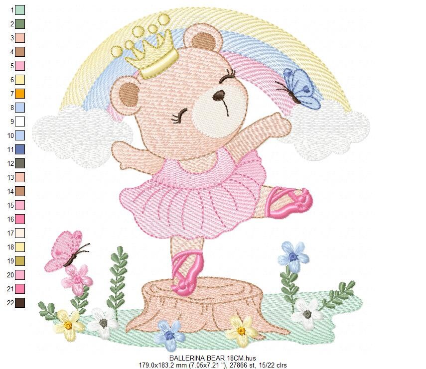Bear embroidery designs - Ballerina embroidery design machine embroidery pattern - Baby girl embroidery file - Ballerina bear with rainbow
