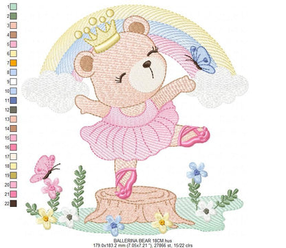 Bear embroidery designs - Ballerina embroidery design machine embroidery pattern - Baby girl embroidery file - Ballerina bear with rainbow