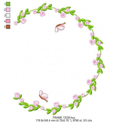 Roses Monogram Frame embroidery designs - Butterflies and Flower design machine embroidery pattern - Delicate Rose wreath - Instant download