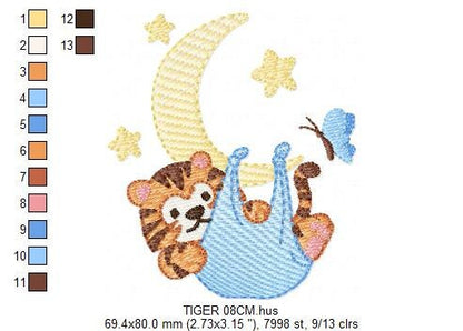 Tiger embroidery design - Tiger in moon with stars machine embroidery pattern - Night Sky Baby boy file - Instant digital download pes jef