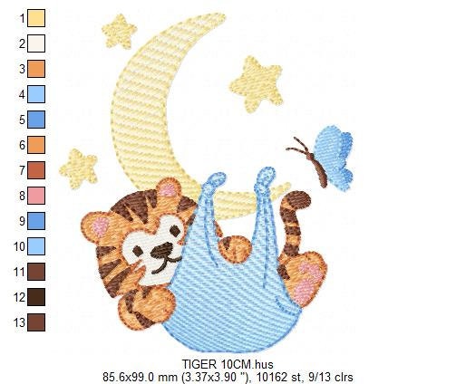 Tiger embroidery design - Tiger in moon with stars machine embroidery pattern - Night Sky Baby boy file - Instant digital download pes jef