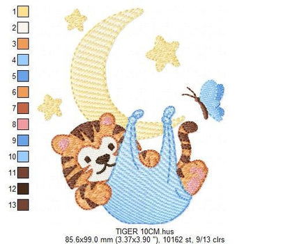 Tiger embroidery design - Tiger in moon with stars machine embroidery pattern - Night Sky Baby boy file - Instant digital download pes jef
