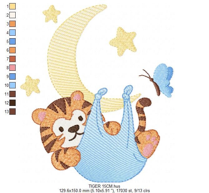 Tiger embroidery design - Tiger in moon with stars machine embroidery pattern - Night Sky Baby boy file - Instant digital download pes jef