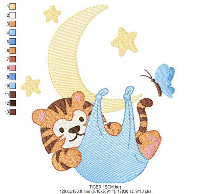 Tiger embroidery design - Tiger in moon with stars machine embroidery pattern - Night Sky Baby boy file - Instant digital download pes jef