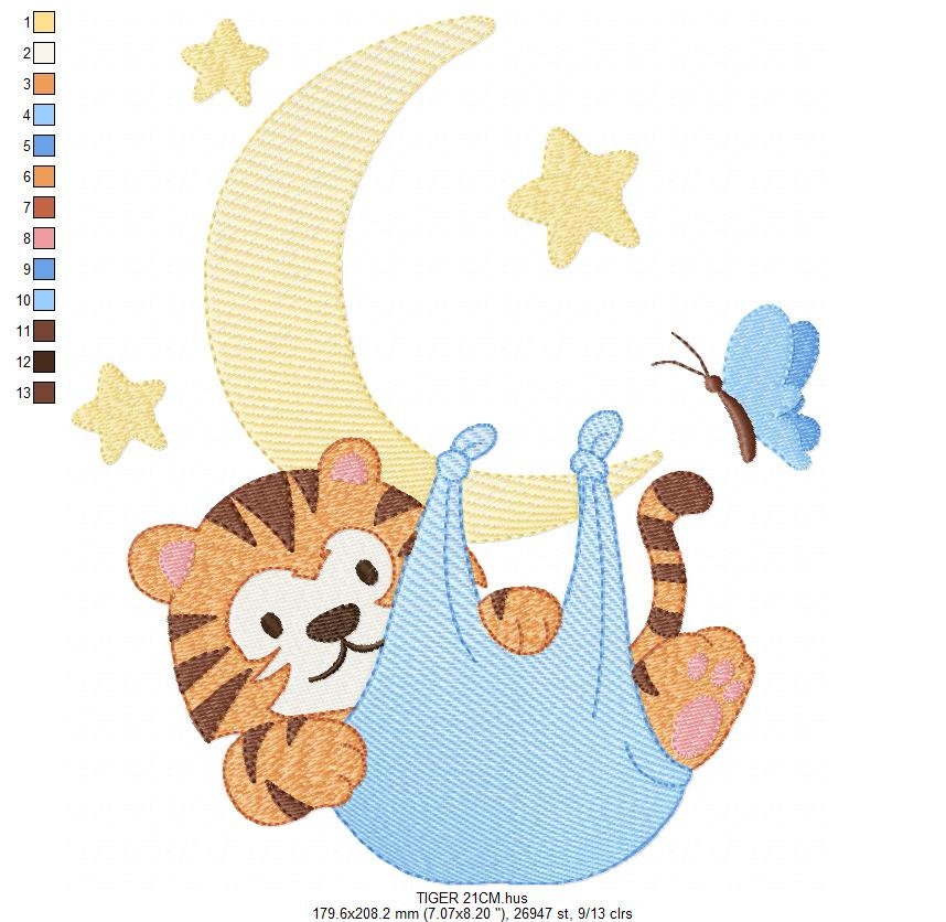 Tiger embroidery design - Tiger in moon with stars machine embroidery pattern - Night Sky Baby boy file - Instant digital download pes jef