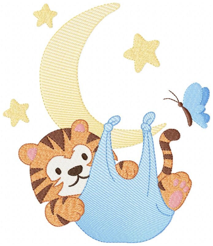 Tiger embroidery design - Tiger in moon with stars machine embroidery pattern - Night Sky Baby boy file - Instant digital download pes jef