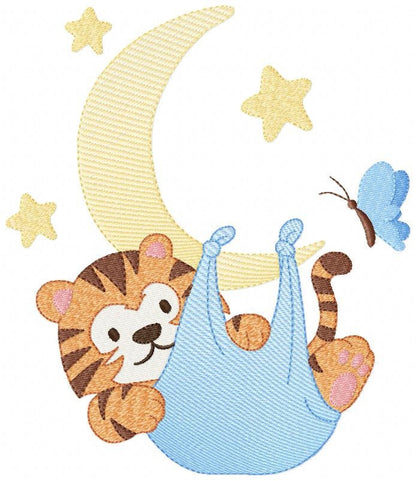 Tiger embroidery design - Tiger in moon with stars machine embroidery pattern - Night Sky Baby boy file - Instant digital download pes jef