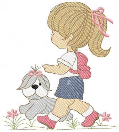 Girl embroidery designs - Dog embroidery design machine embroidery pattern - girl with dog embroidery file - student embroidery school girl