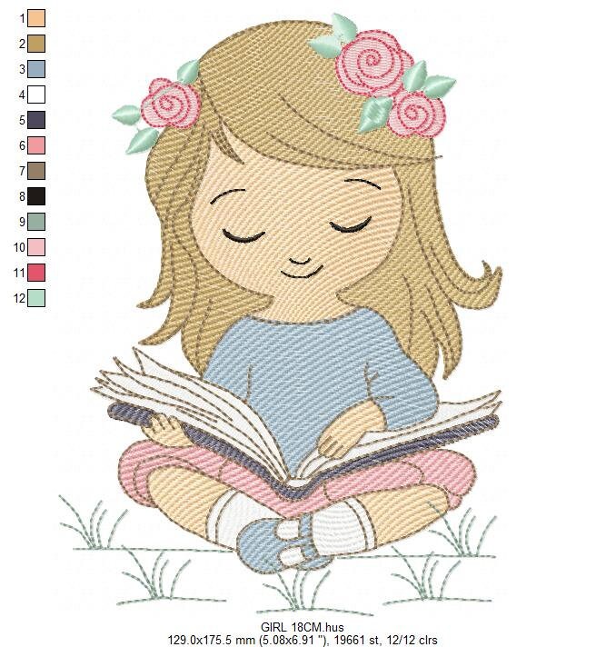 Girl embroidery designs - Reading embroidery design machine embroidery pattern - girl with book embroidery file - student embroidery school