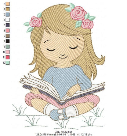 Girl embroidery designs - Reading embroidery design machine embroidery pattern - girl with book embroidery file - student embroidery school