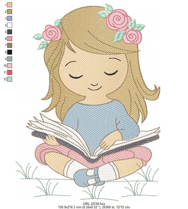 Girl embroidery designs - Reading embroidery design machine embroidery pattern - girl with book embroidery file - student embroidery school
