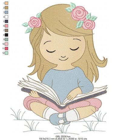 Girl embroidery designs - Reading embroidery design machine embroidery pattern - girl with book embroidery file - student embroidery school