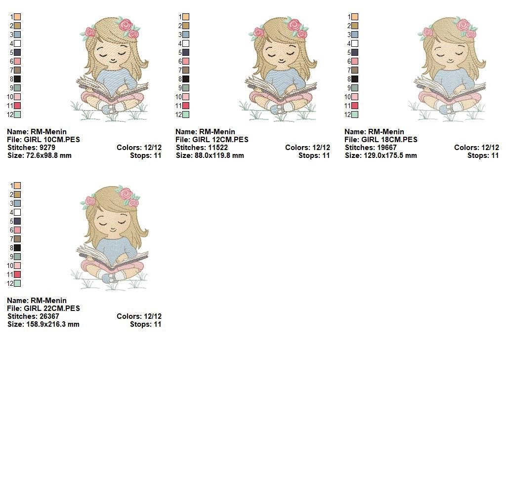 Girl embroidery designs - Reading embroidery design machine embroidery pattern - girl with book embroidery file - student embroidery school