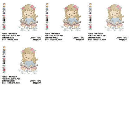 Girl embroidery designs - Reading embroidery design machine embroidery pattern - girl with book embroidery file - student embroidery school
