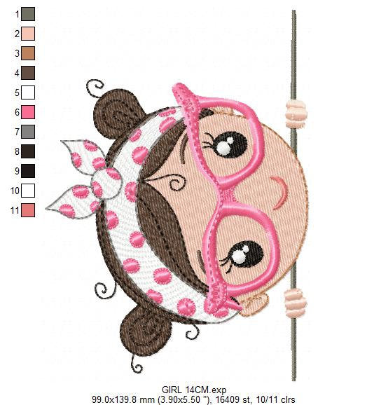Peek a boo Girl with glasses embroidery designs - Baby girl machine embroidery pattern file - Young Lady Towel file - Instant download pes